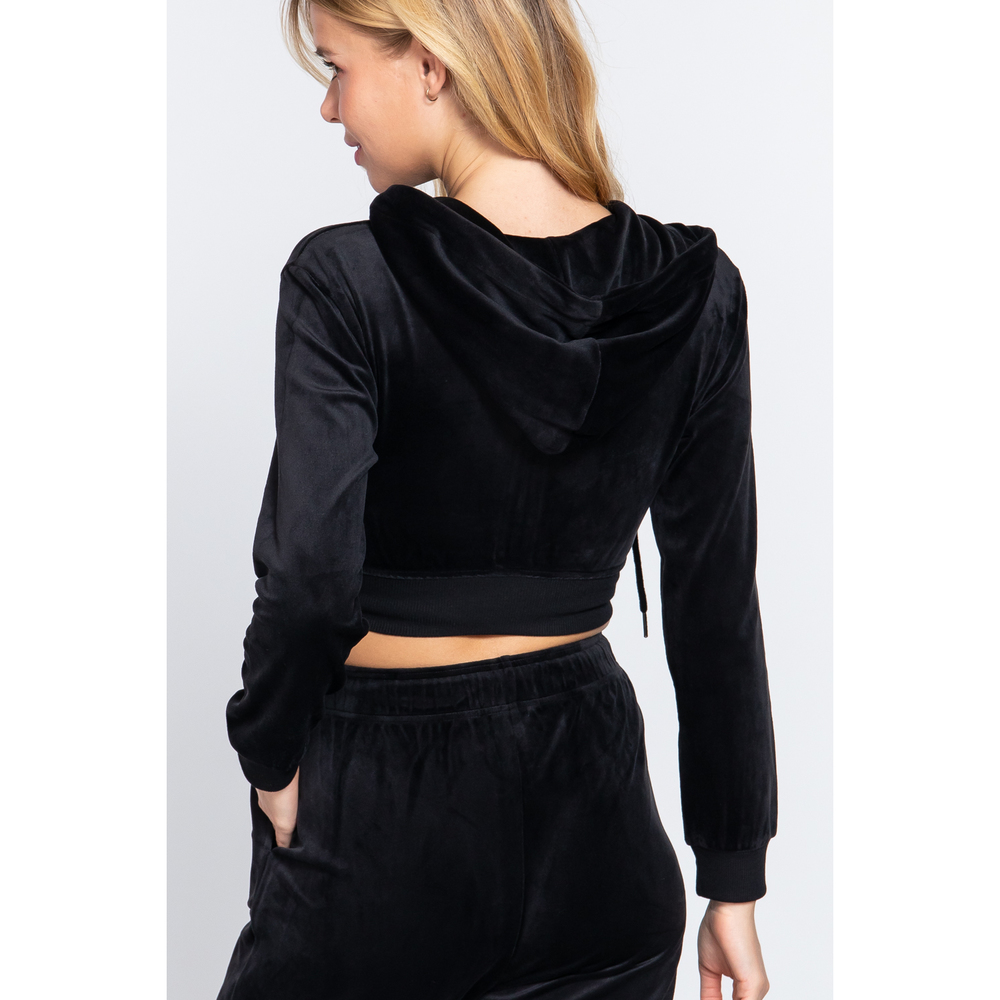 Long Slv Velour Hoodie Crop Jacket - Picture 4 of 7